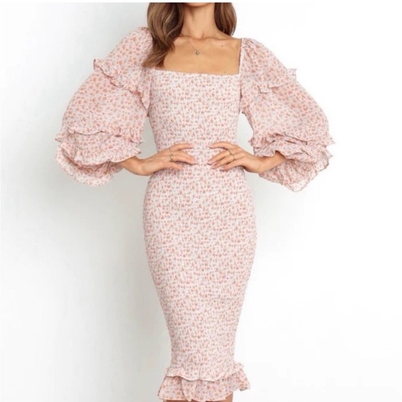 Petal + Pup Dresses & Skirts - Petal + Pup Floral Smocked Midi Dress Square Neck Ruffle Sleeve Pink Orange